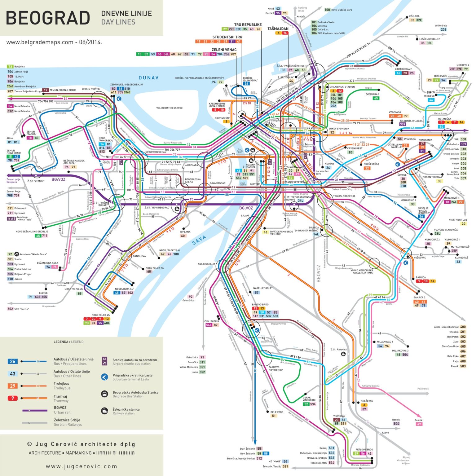 Mapa městské hromadné dopravy v Bělehradu - Detailní plán s jednotlivými trasami a zastávkami